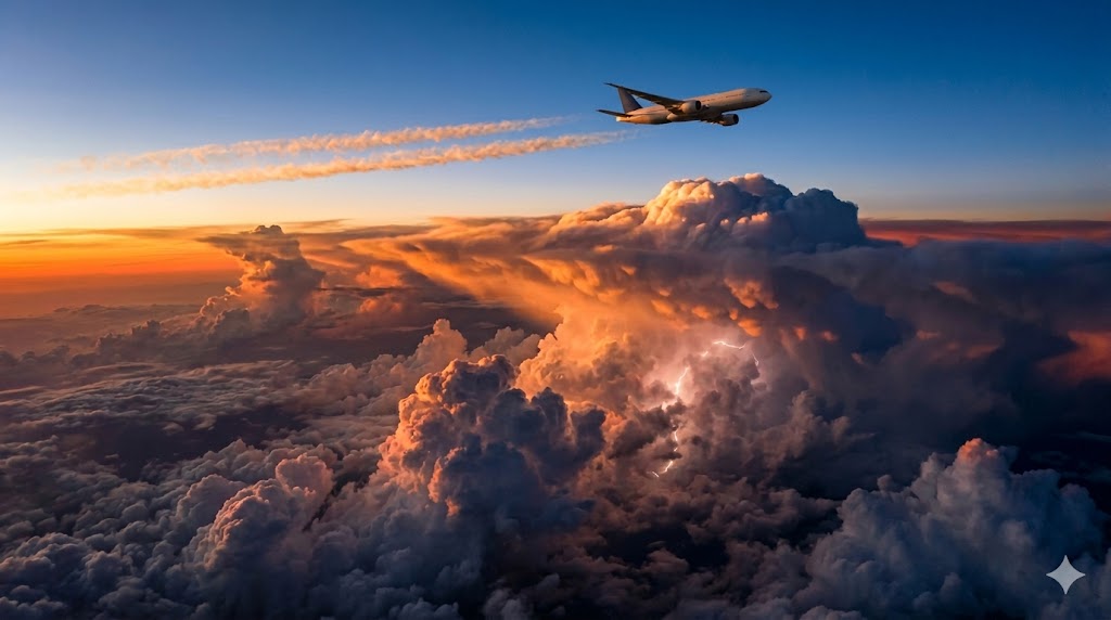 Commercial airliner flying above dramatic cumulonimbus cloud formations at golden hour sunset, illustrating safe flight above weather