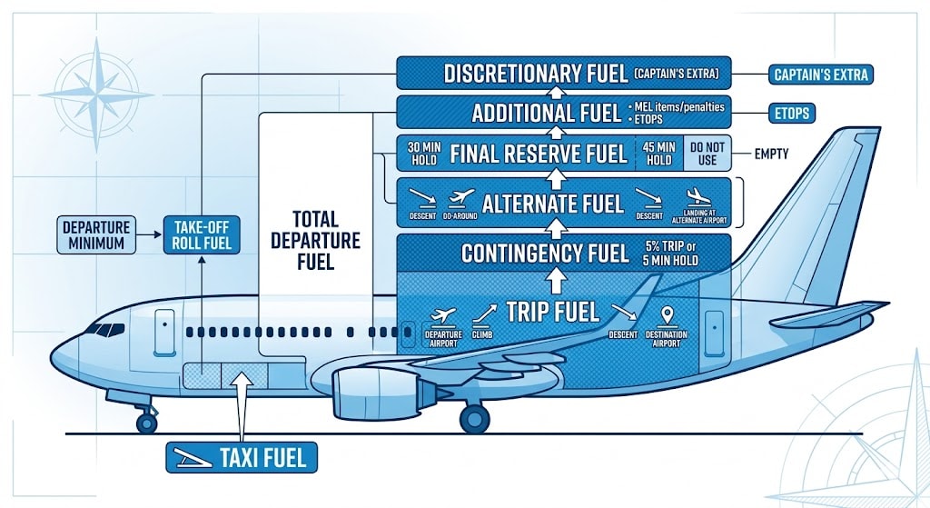 Technical illustration showing aircraft fuel planning categories including trip fuel, alternate fuel, reserve fuel, contingency fuel, and taxi fuel
