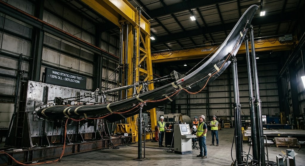 Commercial aircraft wing bent dramatically upward during static structural load test in engineering facility, demonstrating extreme flexibility and strength