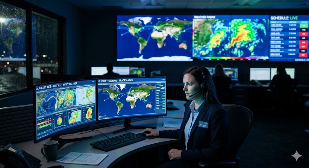 Flight dispatcher working in a modern airline Operations Control Center analyzing weather data and flight tracking on multiple screens