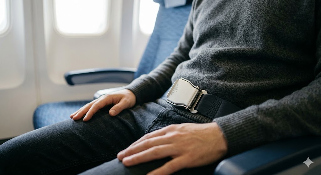 Airplane seatbelt properly fastened across passenger lap in modern aircraft cabin with natural window light, demonstrating the most effective turbulence safety measure