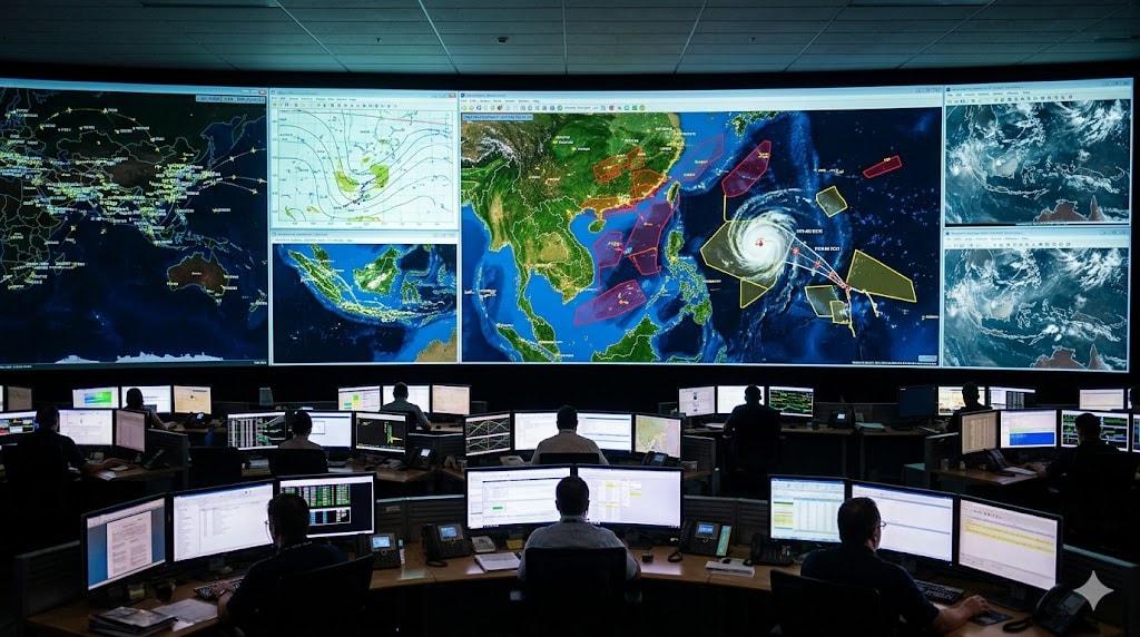 Airline OCC wall screens showing weather maps with typhoon track, SIGMET areas, and satellite imagery over Southeast Asia for flight dispatcher analysis