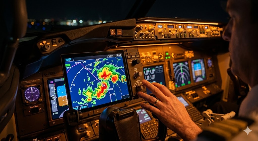 Modern glass cockpit navigation display showing weather radar overlay with colored storm cell returns for turbulence avoidance
