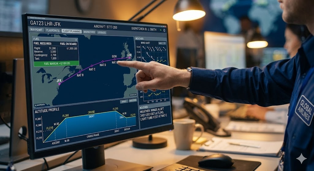 Computerized flight plan showing route waypoints, fuel calculations, and altitude profile on a dispatcher monitor
