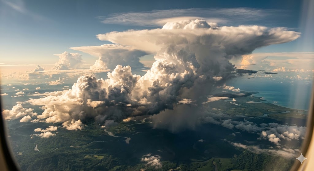 Towering cumulonimbus thunderstorm clouds building vertically over tropical landscape viewed from aircraft cruising altitude, similar to conditions during SQ321 turbulence incident