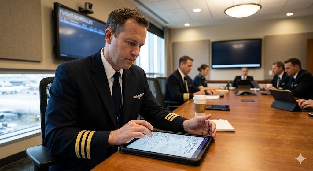 Pilot reviewing digital dispatch release on tablet during briefing with flight dispatcher, showing joint responsibility system