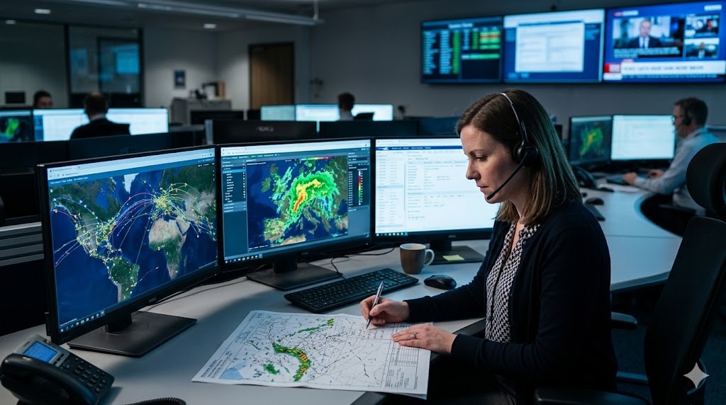 Flight dispatcher analyzing weather charts and flight plans at multiple monitors in a modern airline Operations Control Center