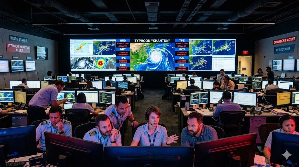Busy airline Operations Control Center during typhoon irregular operations with multiple flight dispatchers managing disruptions