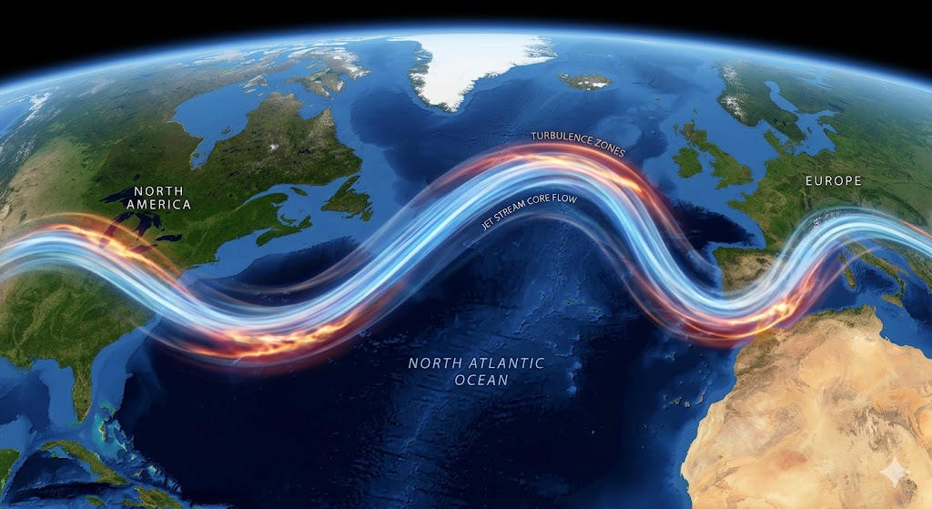 Scientific visualization of the North Atlantic jet stream with highlighted turbulence zones showing how climate change is increasing clear air turbulence on major flight routes