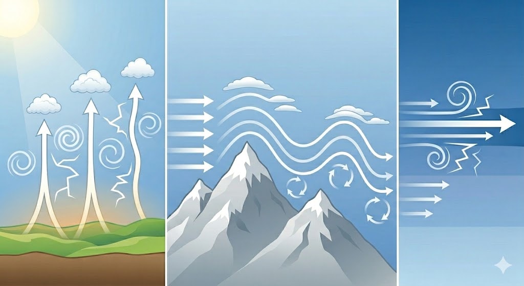 Educational illustration showing three types of aircraft turbulence: thermal convection, mountain wave turbulence, and clear air turbulence from jet stream wind shear