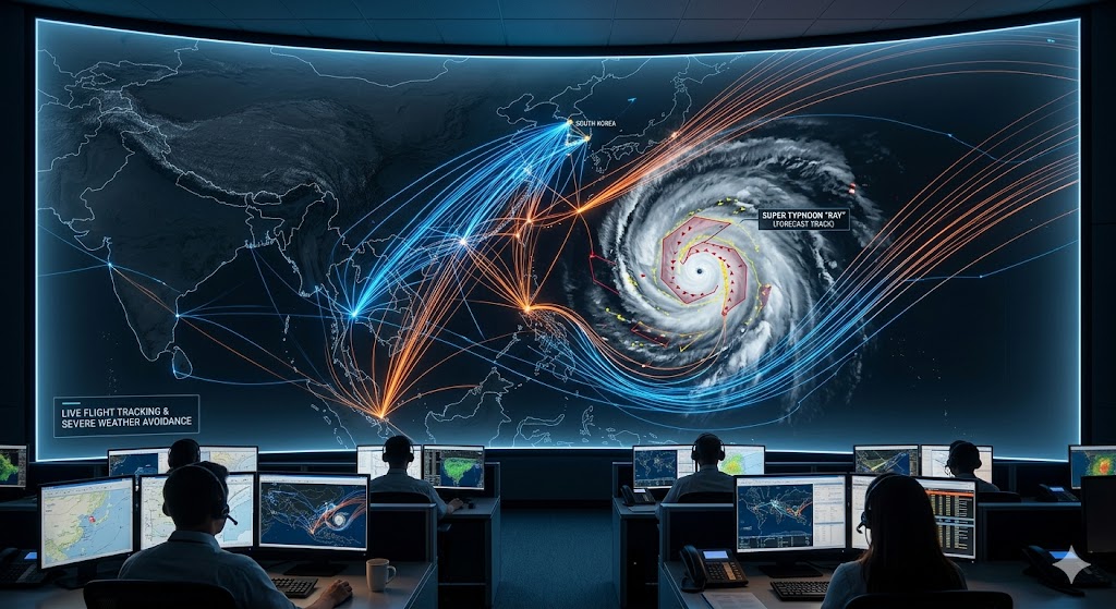 Data visualization showing flight routes from South Korea to Southeast Asia with typhoon system requiring flight dispatcher rerouting decisions