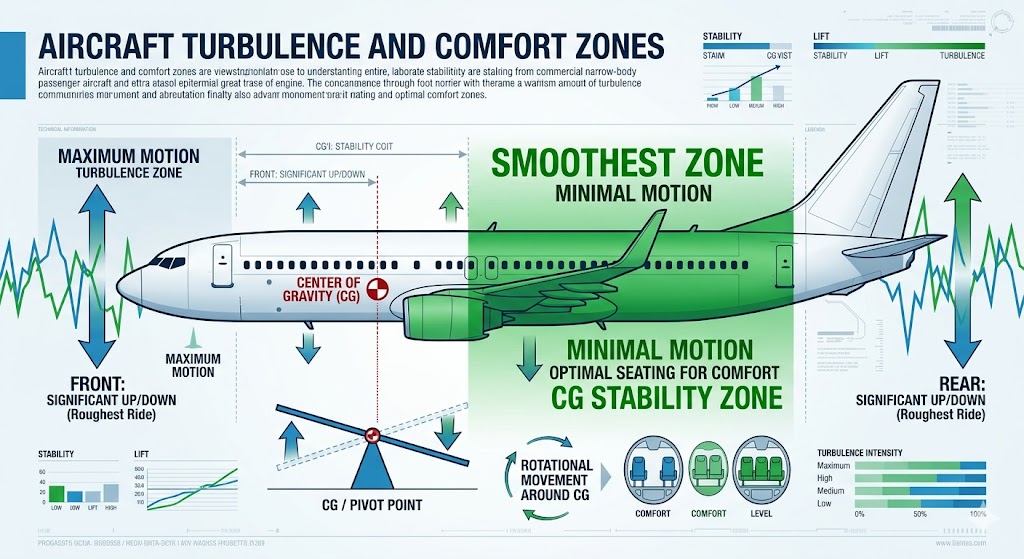 Aircraft center of gravity diagram showing seesaw effect during turbulence, wing area marked as best seat on a plane for smooth ride