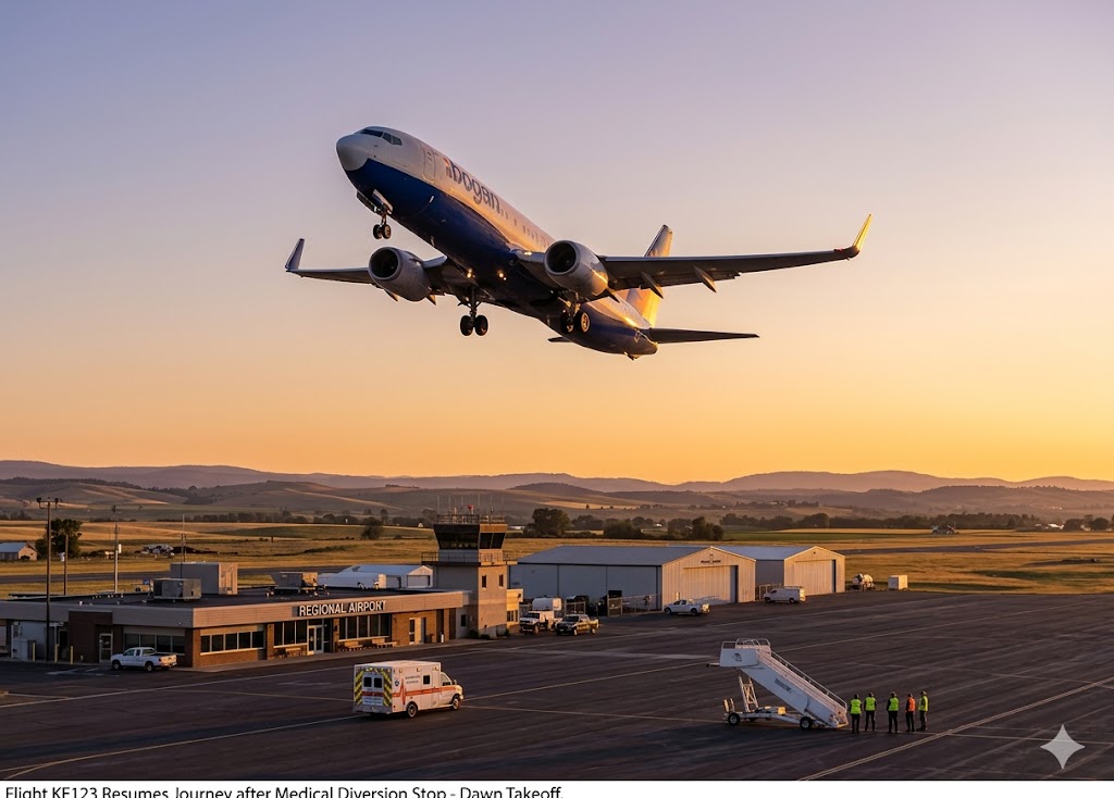 Commercial aircraft taking off from regional airport in early morning after medical diversion, resuming flight to original destination