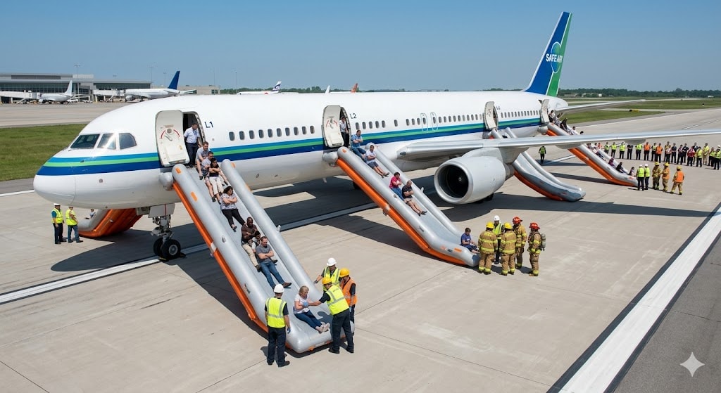 Commercial aircraft with emergency evacuation slides deployed, passengers evacuating safely during an emergency landing drill