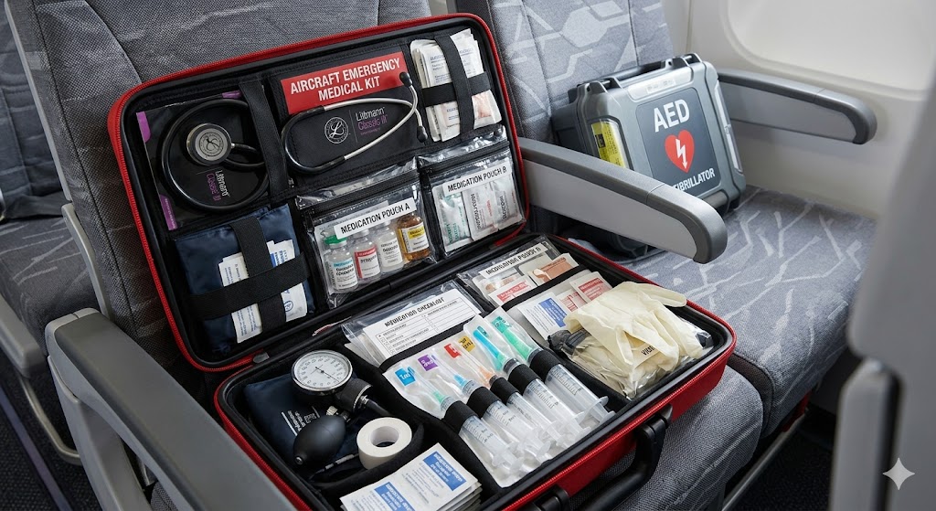 Opened aircraft emergency medical kit showing stethoscope, blood pressure cuff, medications, and AED for medical emergency on plane