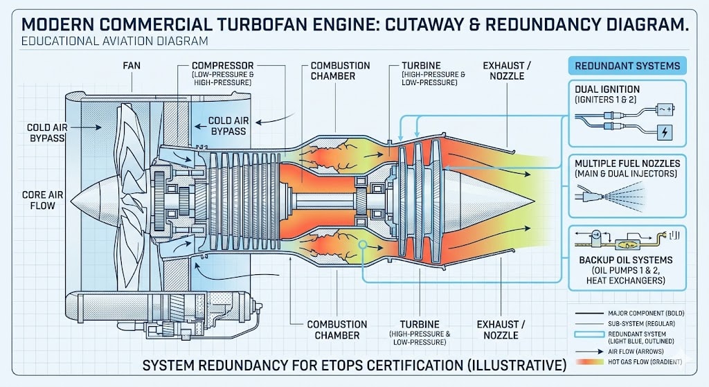Technical cutaway illustration of modern turbofan jet engine showing redundant safety systems including dual ignition and backup oil systems