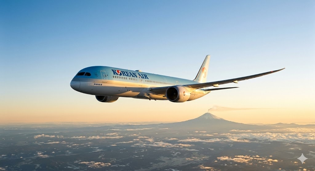 Commercial aircraft flying in clear sky with distant volcanic peak showing thin steam wisp, normal operations resumed after volcanic ash event