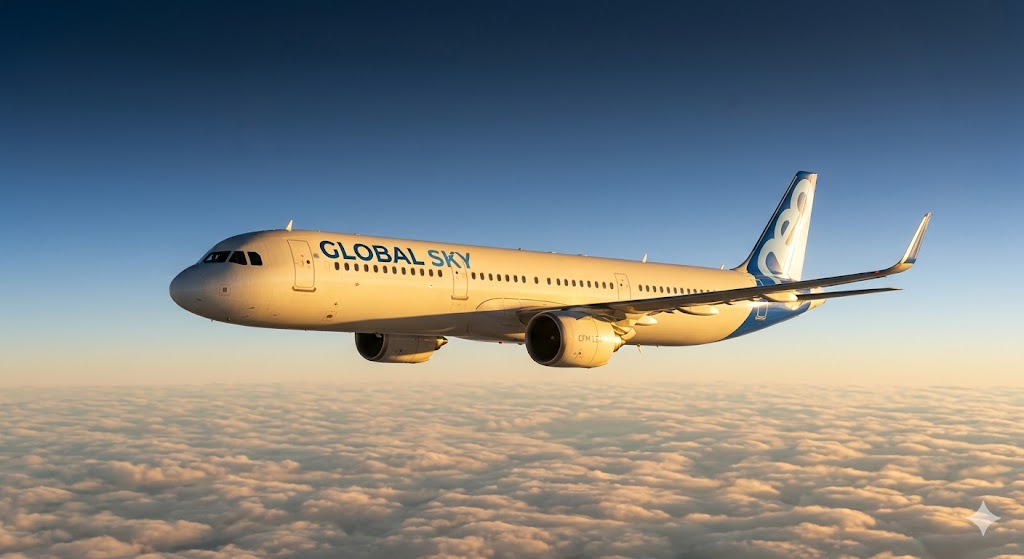 Commercial aircraft flying peacefully at cruise altitude after bird strike incident, conveying that most bird strikes result in safe continued flight