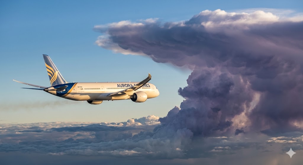 Commercial aircraft flying in clear sky safely past a towering thunderstorm cloud, avoiding airplane lightning strike and turbulence risk