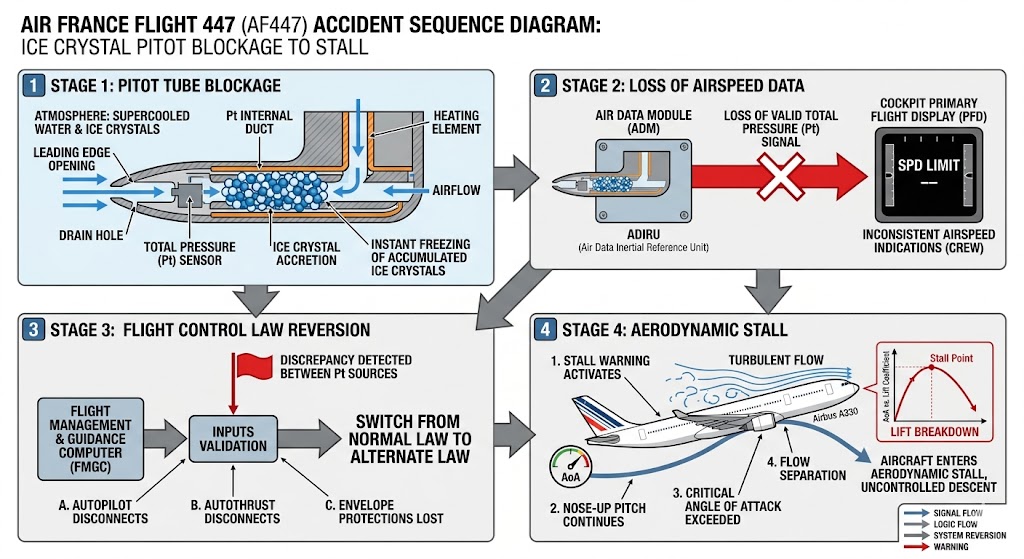Technical diagram showing Air France 447 accident sequence from pitot tube aircraft icing blockage through stall to impact