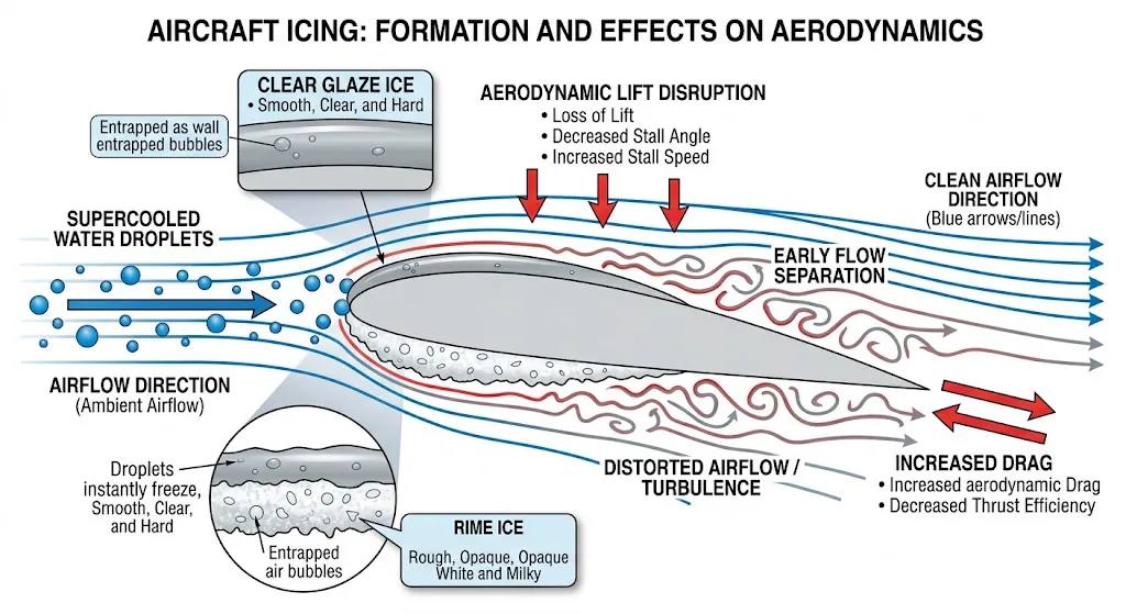 Technical diagram showing aircraft icing formation process with supercooled water droplets impacting wing leading edge and disrupting airflow
