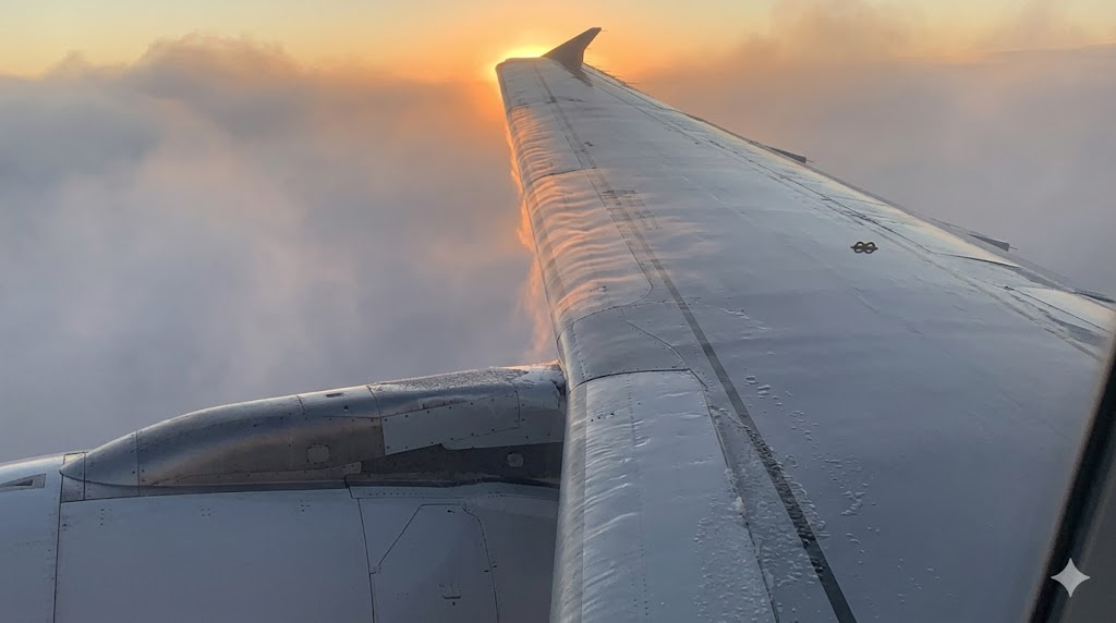 Commercial aircraft wing with anti-ice system active showing heated leading edge protection against aircraft icing