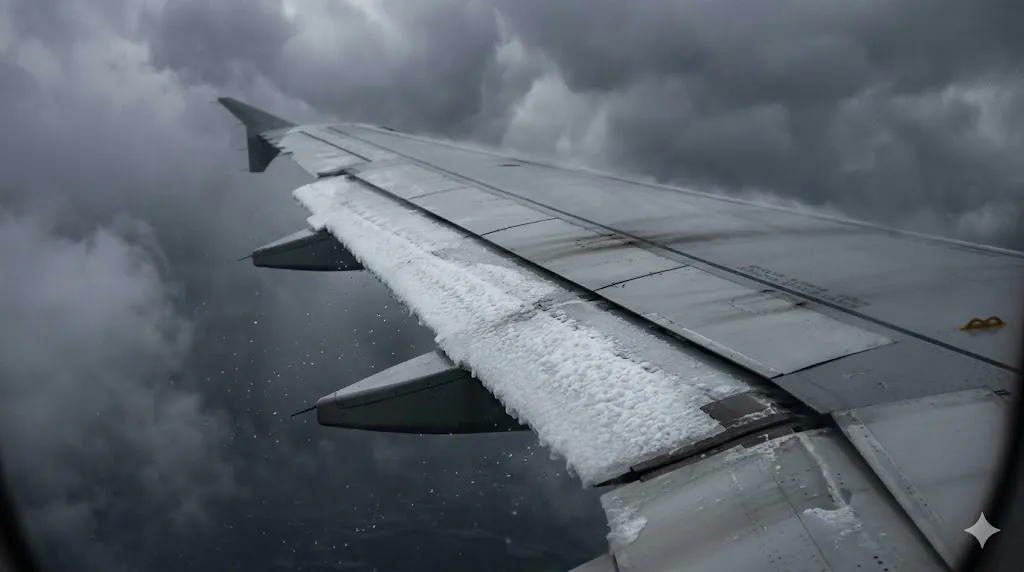 Commercial aircraft wing showing rime ice accumulation on leading edge during aircraft icing conditions in flight