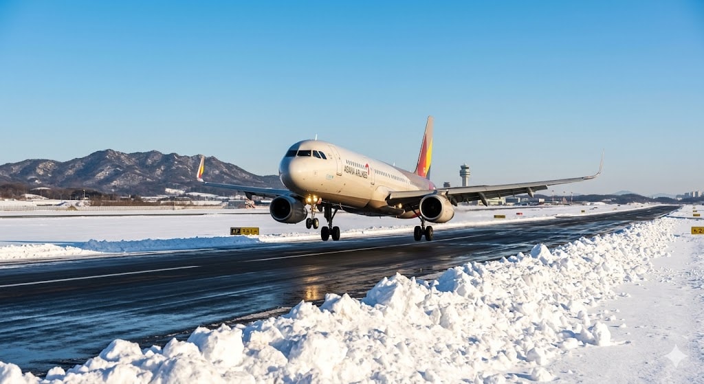 Commercial aircraft landing on freshly cleared winter runway with snow banks on either side and clear winter sky