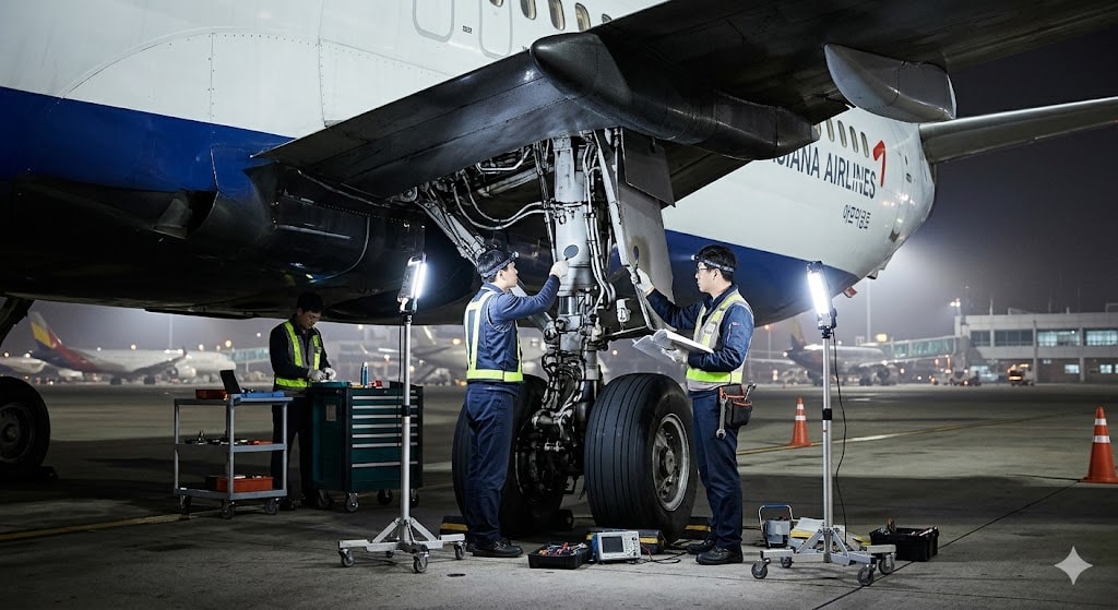 Aircraft maintenance engineers inspecting commercial jet landing gear at night on airport ramp with work lights