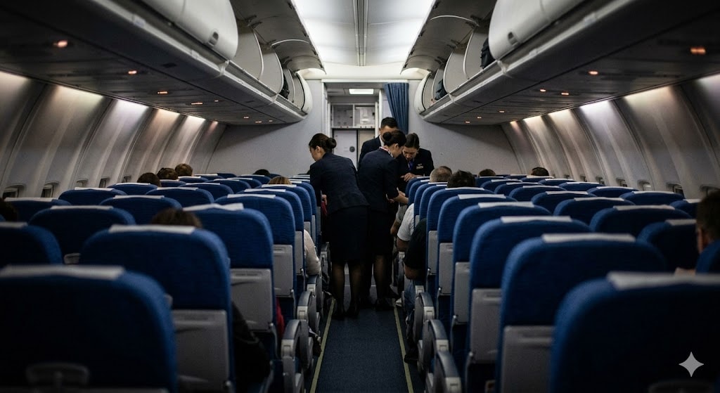 Aircraft cabin interior showing crew attending to an in-flight situation requiring potential medical diversion