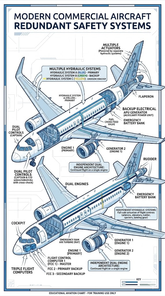 Technical illustration of commercial aircraft showing redundant safety systems including dual engines, backup hydraulics, and triple flight computers