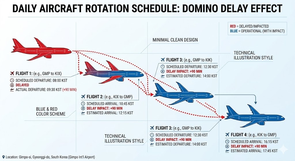 Infographic showing aircraft daily rotation with domino delay effect cascading from first delayed flight to subsequent flights
