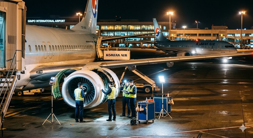 Aircraft at gate with maintenance engineers inspecting it at night while replacement aircraft taxis in background
