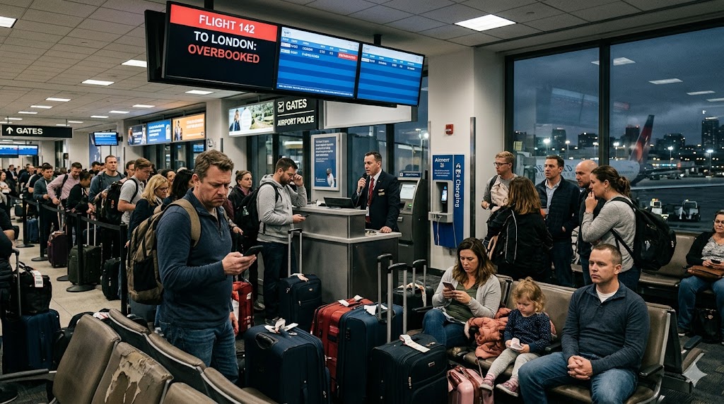 Crowded airport gate with frustrated passengers and overbooked flight display showing airline overbooking situation