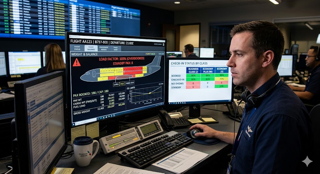 Dispatcher at OCC reviewing airline overbooking load control screen showing passenger counts and overbooking indicators