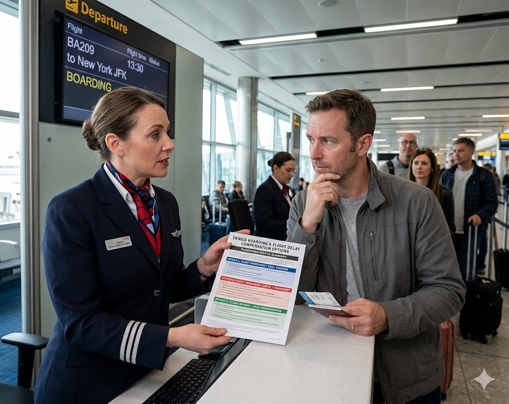Airline gate agent offering compensation to passenger during airline overbooking voluntary denied boarding process