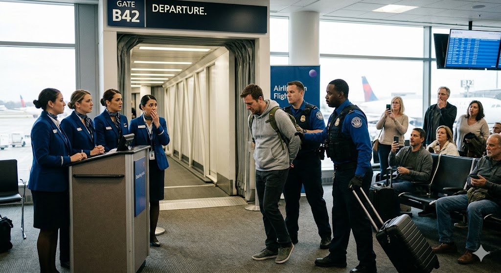 Airport security escorting passenger during involuntary denied boarding incident referenced in airline overbooking discussion