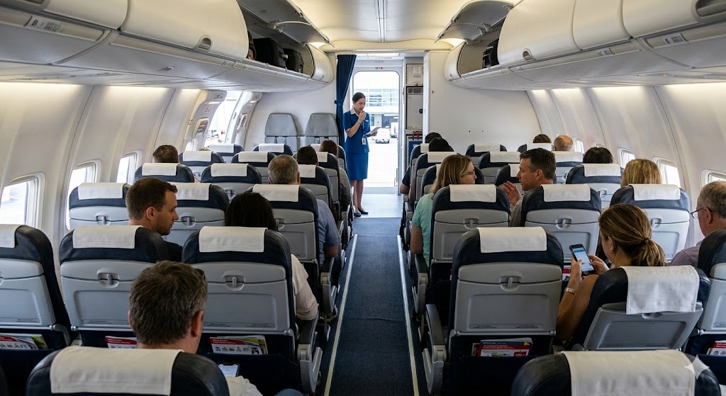 Commercial aircraft cabin showing empty no-show seats before departure illustrating why airline overbooking exists