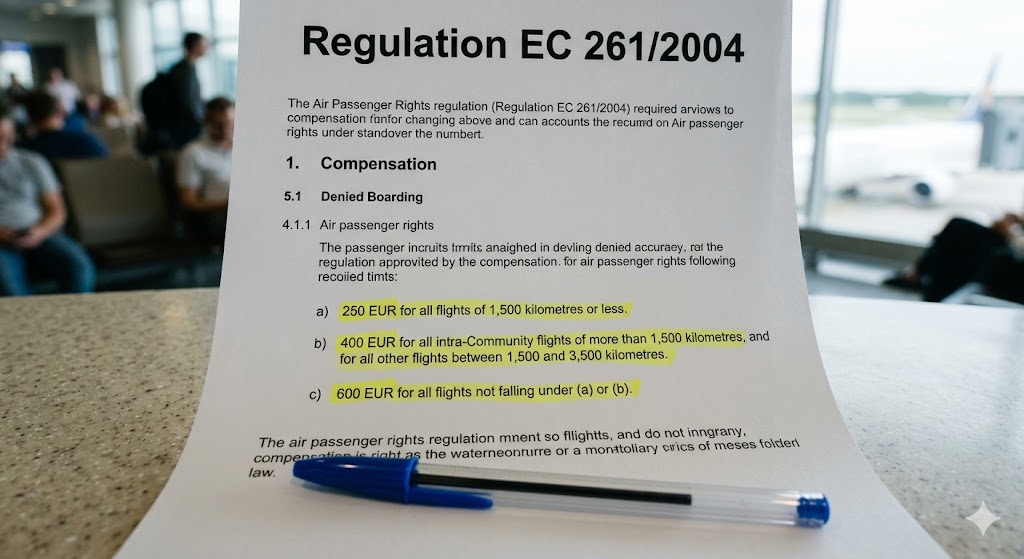 EU Regulation 261/2004 passenger rights document showing airline overbooking denied boarding compensation amounts