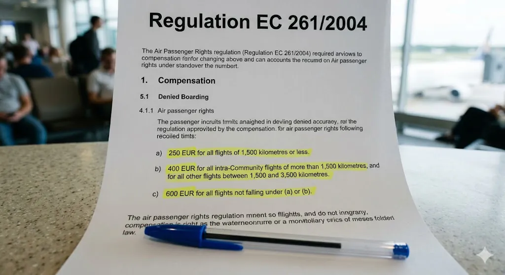 EU Regulation 261/2004 passenger rights document showing airline overbooking denied boarding compensation amounts