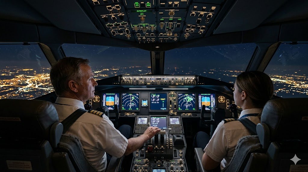 Two airline pilots in modern cockpit monitoring airplane autopilot systems during cruise flight with instruments showing engaged status