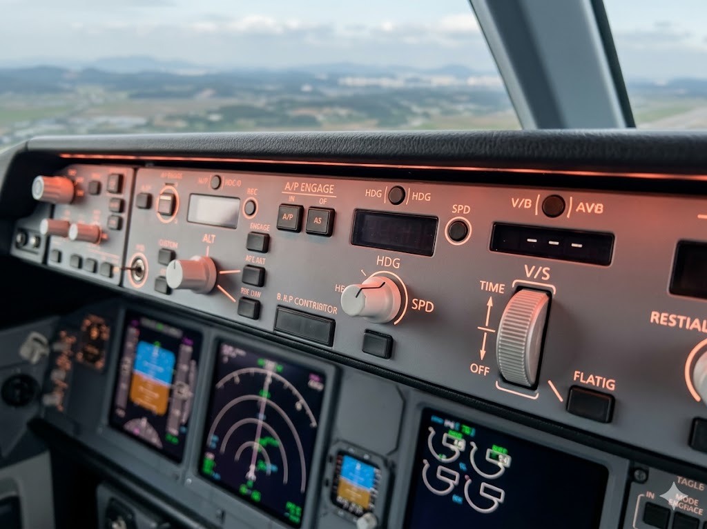 Close-up of airplane autopilot Mode Control Panel showing engage buttons, altitude and heading selectors on cockpit glareshield