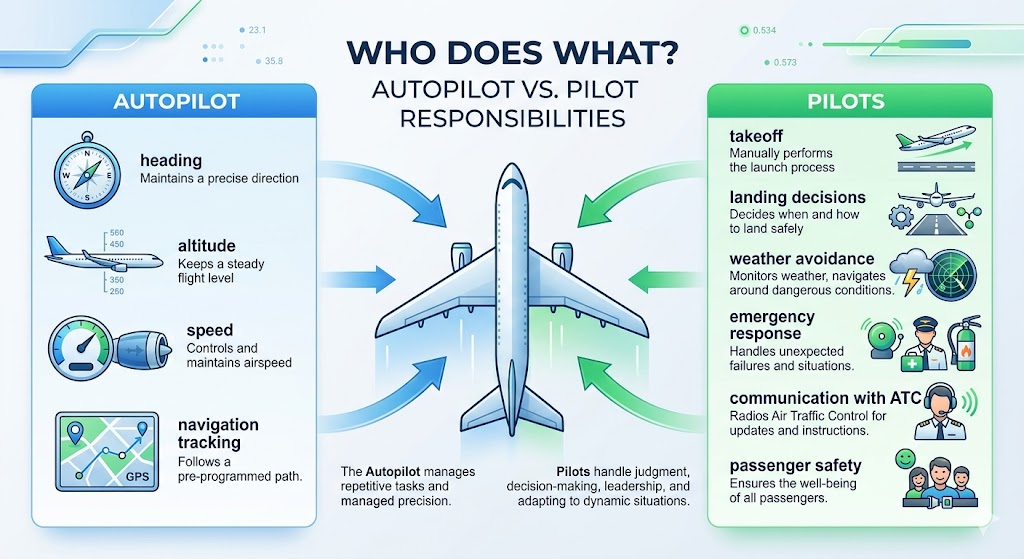 Infographic comparing what airplane autopilot controls versus what human pilots control during commercial flight operations