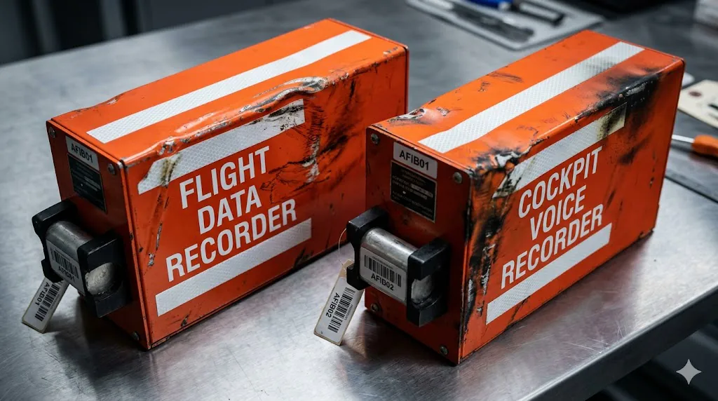 Two airplane black box flight recorders in bright orange casing recovered from accident investigation showing FDR and CVR units
