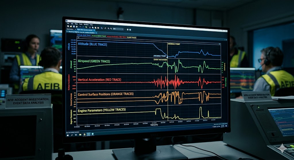 Airplane black box flight data recorder parameter readout showing multiple flight parameters including altitude speed and control surfaces