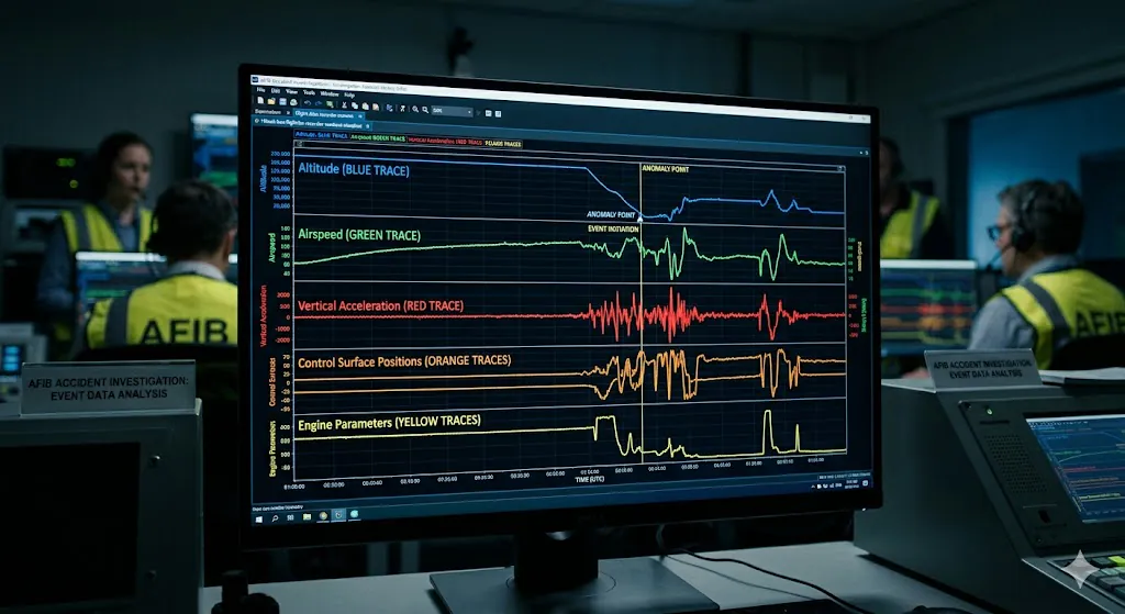 Airplane black box flight data recorder parameter readout showing multiple flight parameters including altitude speed and control surfaces