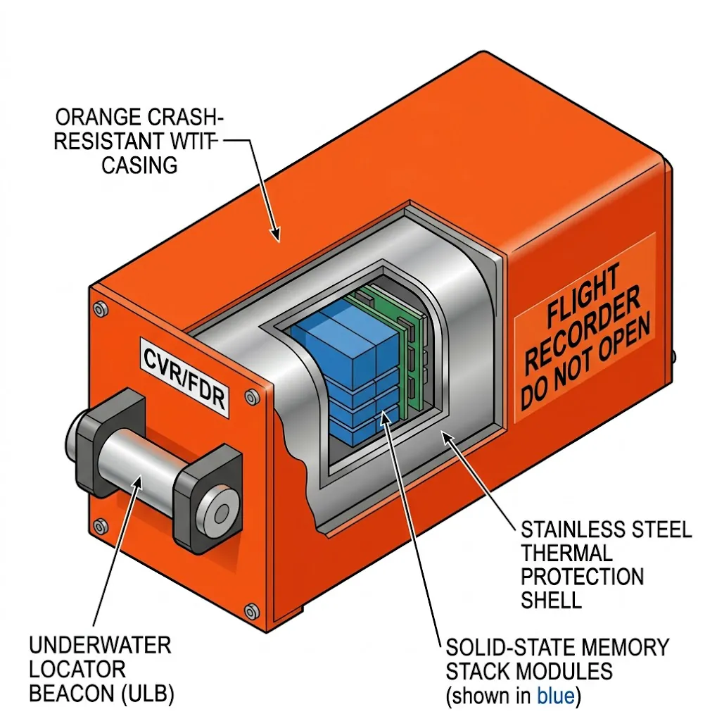 Cutaway diagram of airplane black box internal structure showing crash-resistant casing thermal protection and solid state memory stack