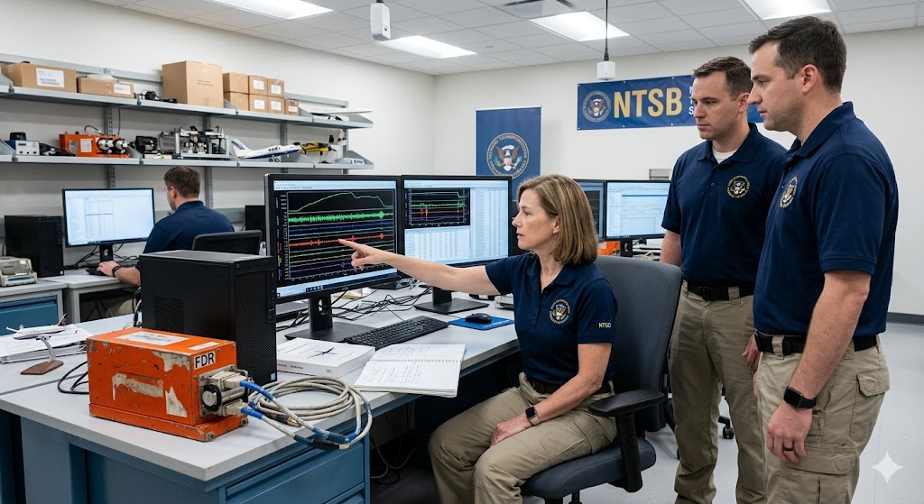 NTSB investigators in laboratory analyzing airplane black box flight data recorder readout on computer screens
