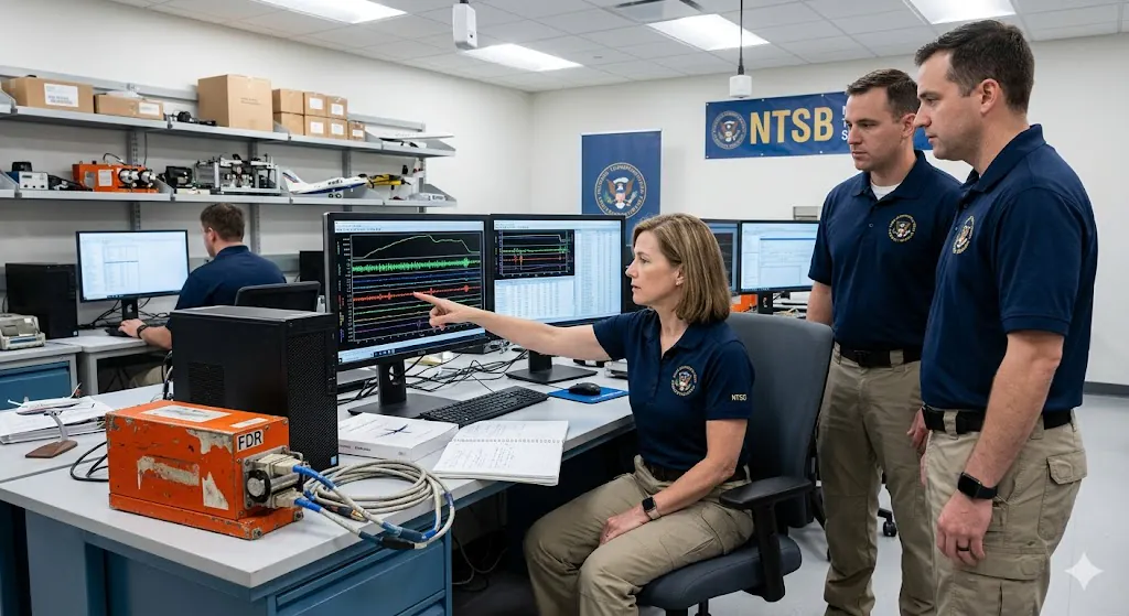 NTSB investigators in laboratory analyzing airplane black box flight data recorder readout on computer screens