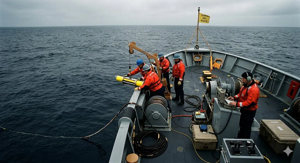 Search vessel deploying hydrophone array to locate airplane black box underwater locator beacon signal after ocean accident